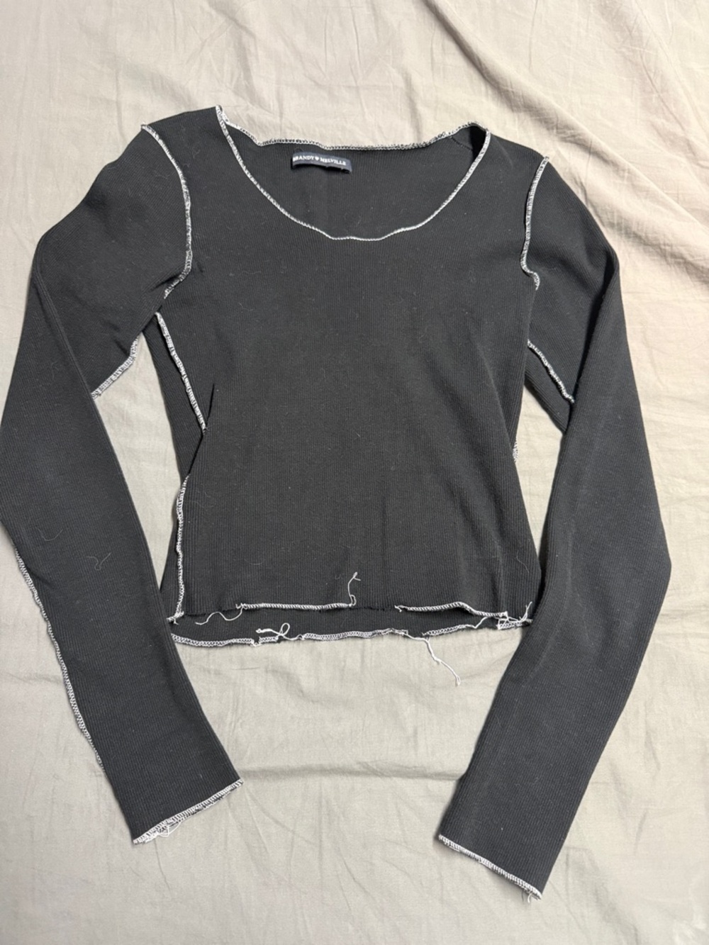 Brandy Melville Black Long-Sleeve Raw Edge Tee with Contrast Stitching